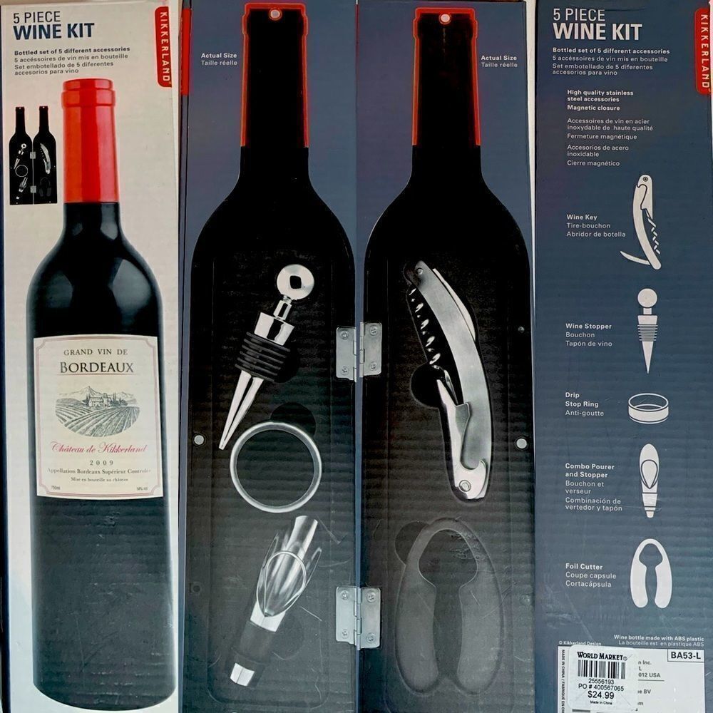 KIkkerland 5 piece wine kit cork screw foil cutter cork in decorative bottlecase